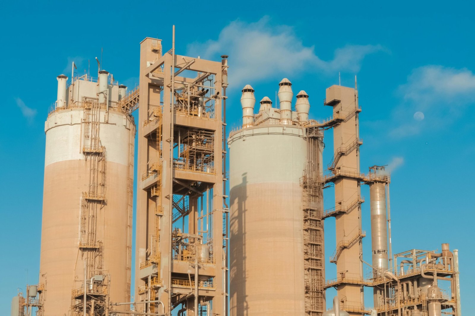 A view of urea towers at an industrial plant in Libya, captured on a clear day.